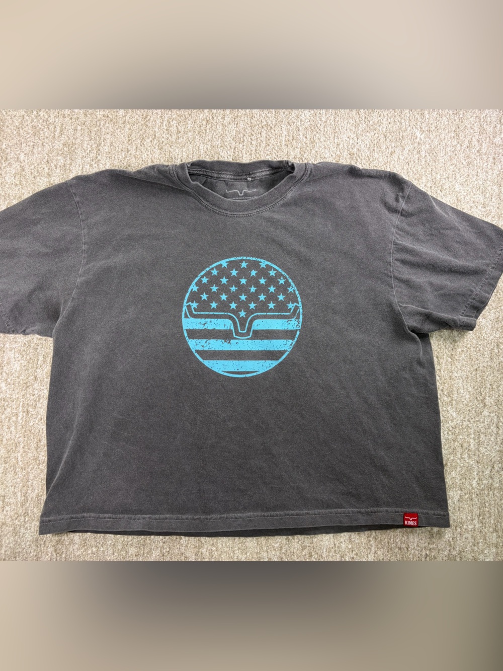 Kimes cropped Short Sleeve Women’s Graphic Tee in Charcoal with Blue Emblem